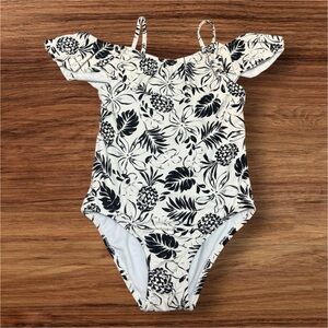 Zara Black & White Tropical Print Off Shoulder One-Piece Swimsuit Size 8-9 NWT